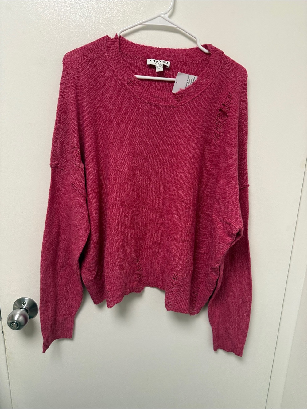 Frayed Women's Distressed Crewneck Sweater in Raspberry